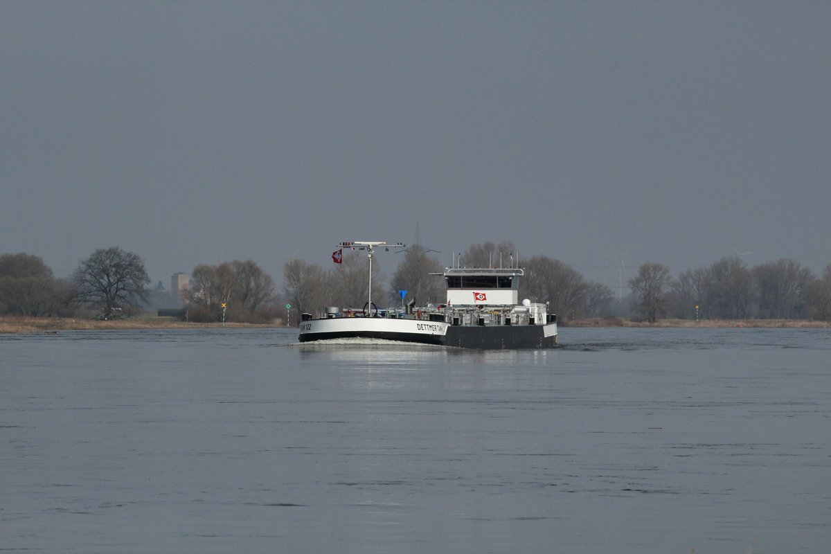 Da kommt er endlich auf der Elbe zu Berg , der neueste Tanker der Dettmer-Reederei. TMS Dettmer Tank 122 (02336974 , 85,95 x 9,60m , Bj. 2016) am 13.03.2017 bei Niegripp mit Fahrtziel Magdeburg.