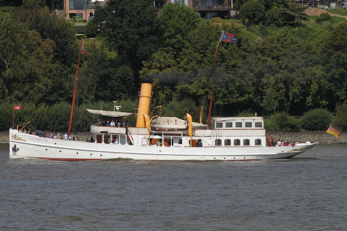 Dampfschiff SCHAARHÖRN (IMO 5010323) ; Eigner/Betreiber: Hafen Museum Hamburg; Datum: 10.08.2025; Aufnahmeort: Elbe/Hafen Hamburg, Deutschland; Das Bild zeigt die SCHAARHÖRN während einer Traditionsfahrt vor dem Bubendey Ufer.