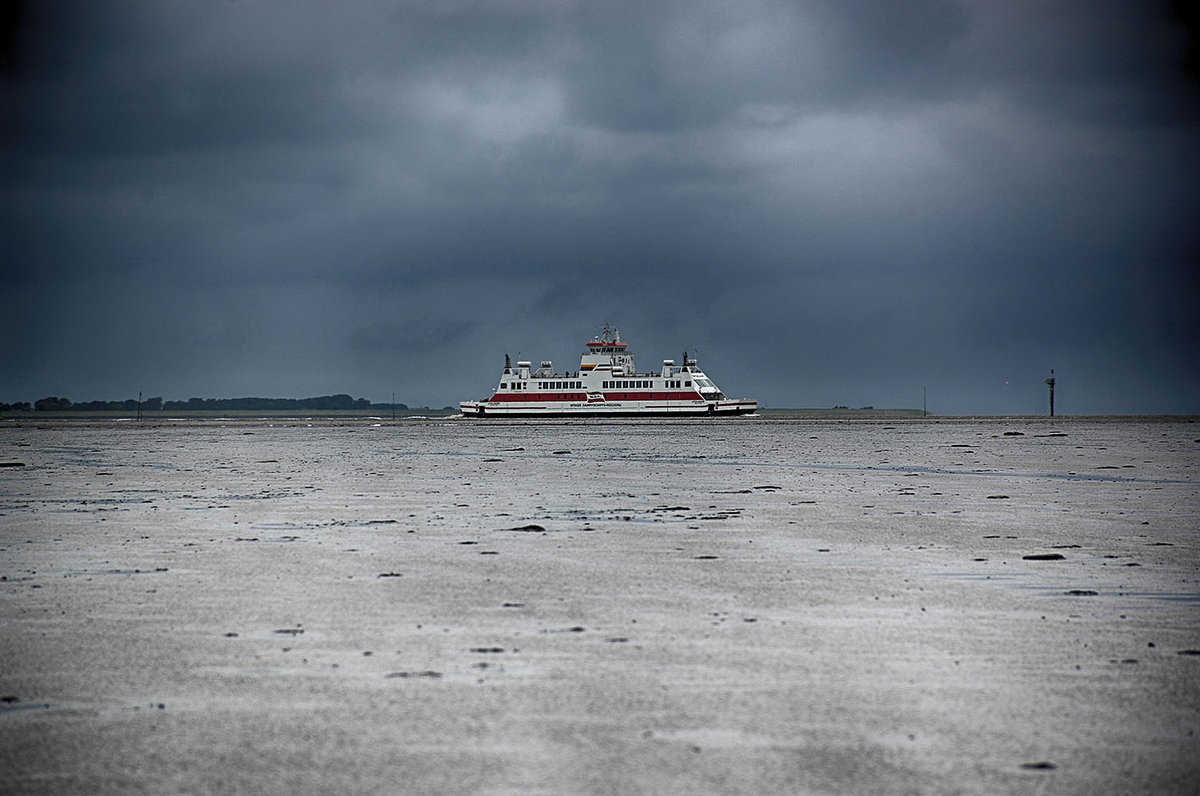 Das »MS Uthlande« zwischen Dagebüjl und Land. Die Fähre wurde als erste von zwei neuen Doppelendfähren im Jahr 2010 in Dienst gestellt und sorgte nicht nur in ihrem Fahrtgebiet, sondern auch in der Schifffahrtswelt für große Aufmerksamkeit. Das Schiff hat eine Kapazität von bis zu 1.200 Fahrgästen und ca. 75 Fahrzeugen und muss, anders als frühere Fähren der W.D.R., nicht mehr in den Häfen wenden. Der moderne Antrieb über vier Voith-Schne
Aufnahme: 25. Juni 2017.