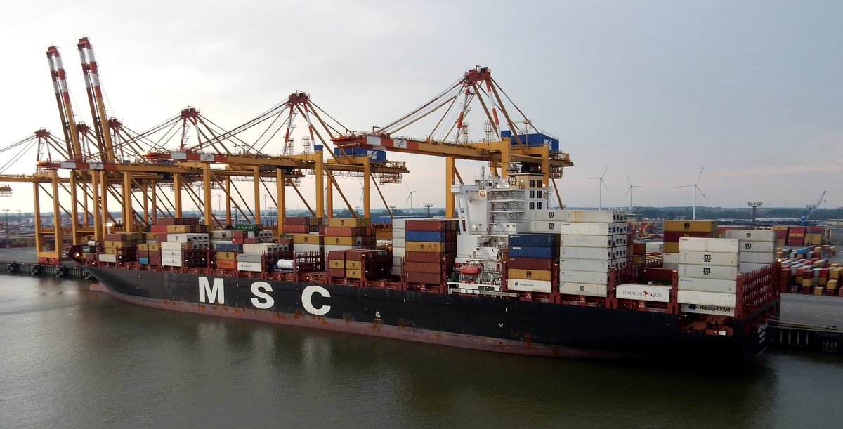 Das 299,99m lange Containerschiff MSC PALAK am 10.06.19 in Bremerhaven.