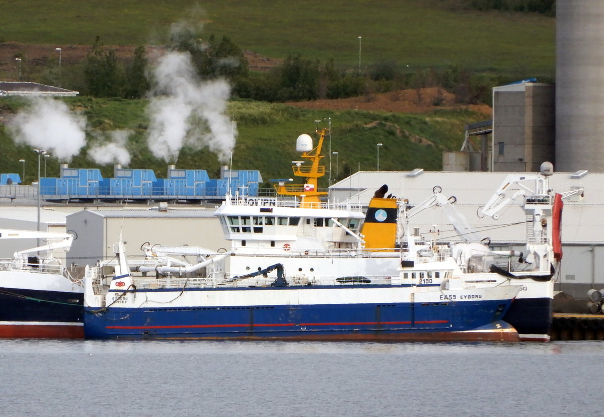 Das 45m lange Fischereifahrzeug EYBORG EA59 am 15.06.19 Akureyri