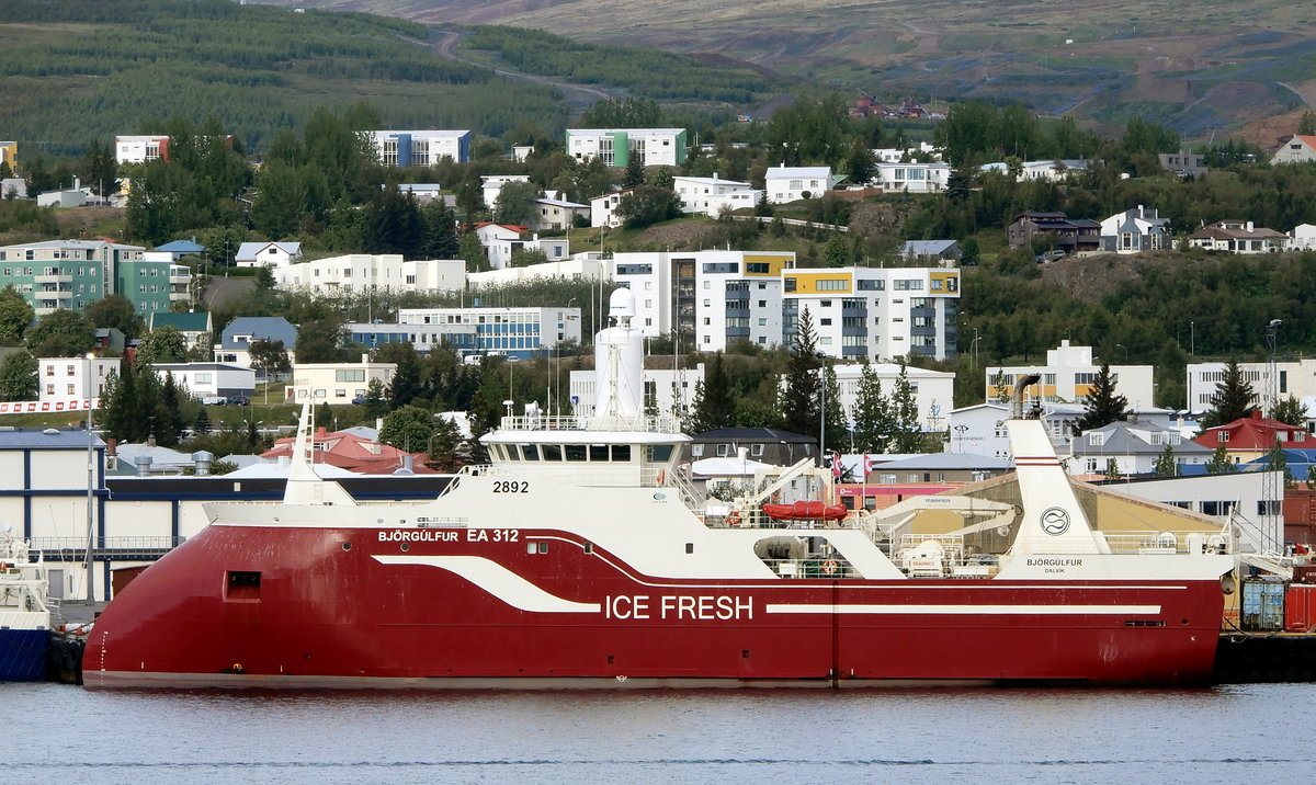 Das 62m lange Fischereifahrzeug BJORGULFUR EA 312 am 15.06.19 Akureyri