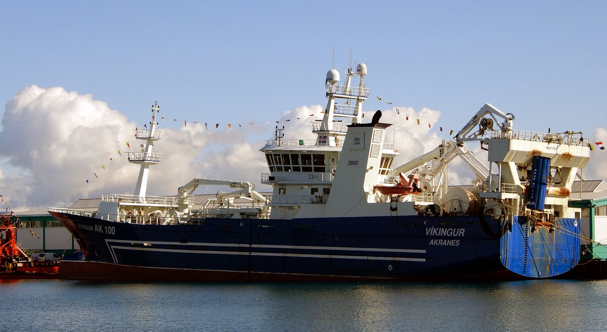 Das 80m lange Fangschiff VIKINGUR AK100 (IMO 9718301) am 31.05.2025 im Stadthafen von Reykjavik.