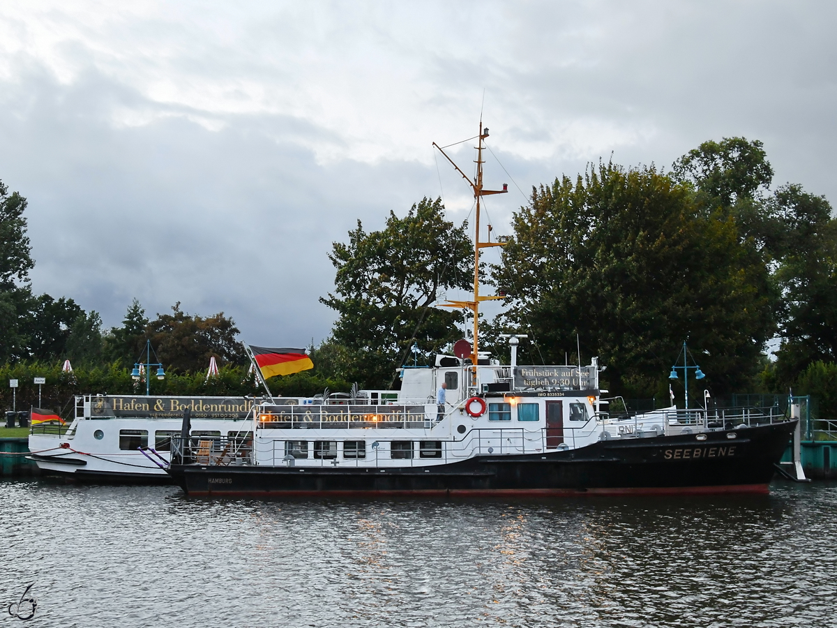 Das Ausflugsschiff SEEBIENE (IMO: 08335334) hat Mitte August 2021 im Hafen von Greifswald angelegt.