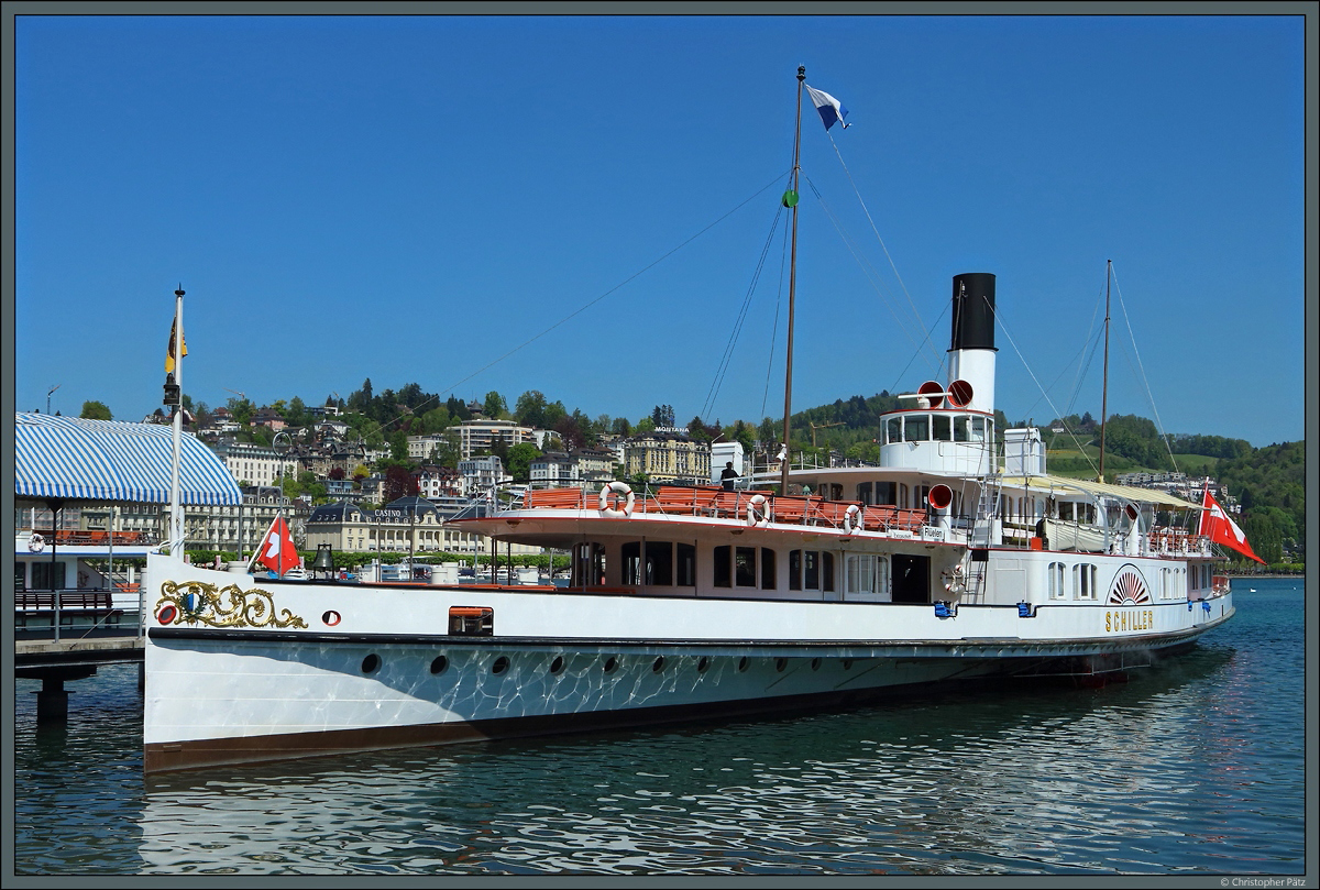 Das Dampfschiff  Schiller  ist seit 1906 auf dem Vierwaldstättersee im Einsatz. Am 28.04.2022 legt der Raddampfer in Luzern an.
