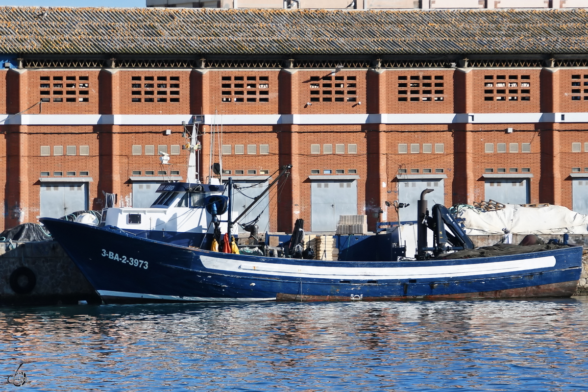 Das Fischereischiff NUEVO LABIO (3BA-3-2-3973, MMSI: 2242193403) ist im Hafen von Barcelona zu sehen. (November 2022)