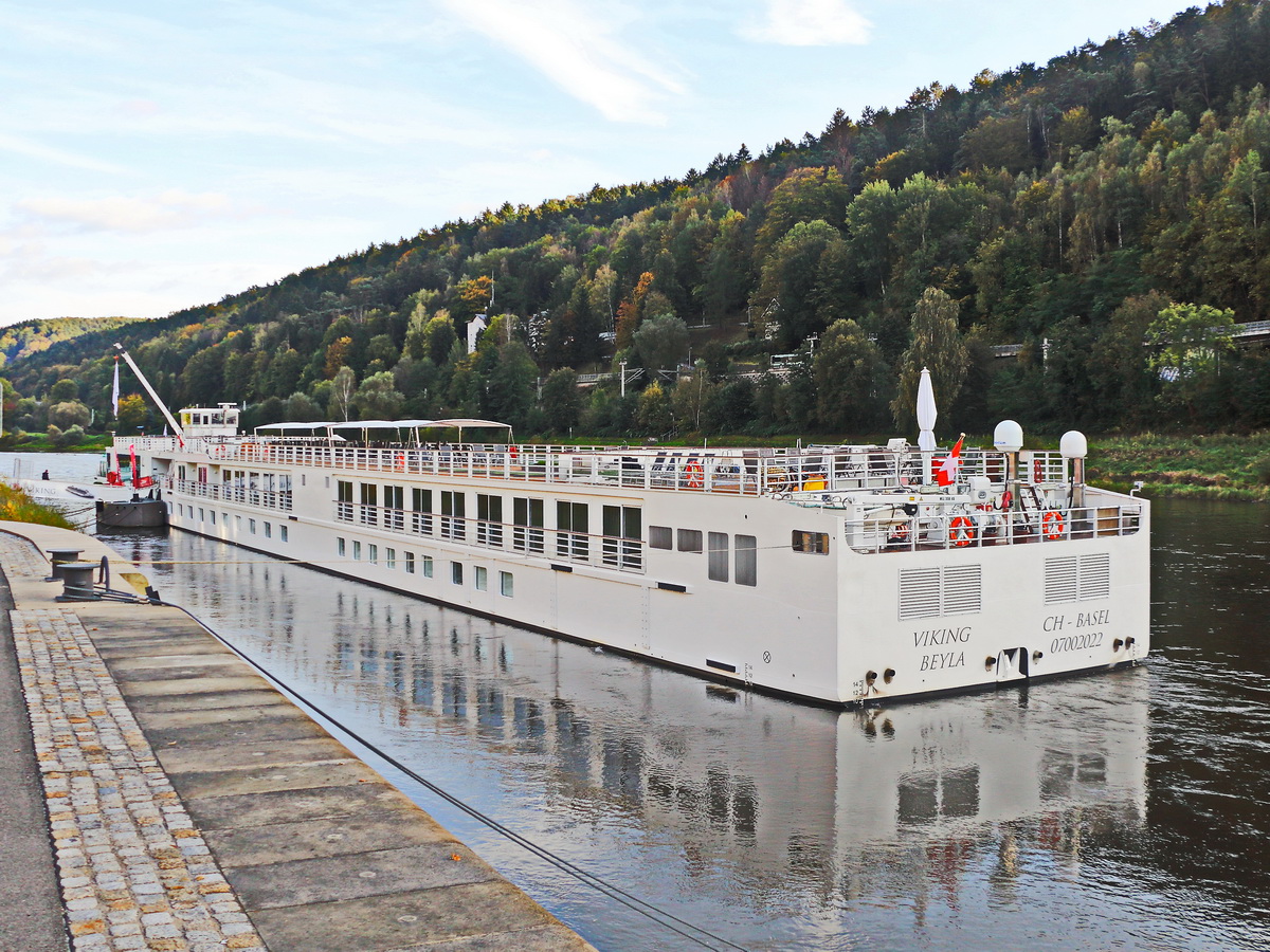 Das Flusskreuzfahrtschiff KFGS VIKING BEYLA, CH-Basel (ENI 07002022)liegt bei Bad Schanau zur einer Besichtigung am 17. Oktober 2021 an.