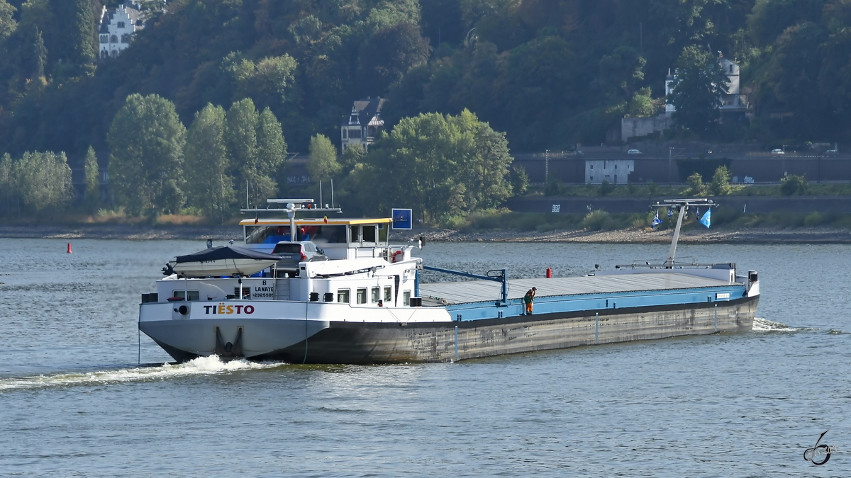 Das Frachtschiff  Tiesto  (02325505) Mitte August 2018 auf dem Rhein zwischen Remagen und Unkel.