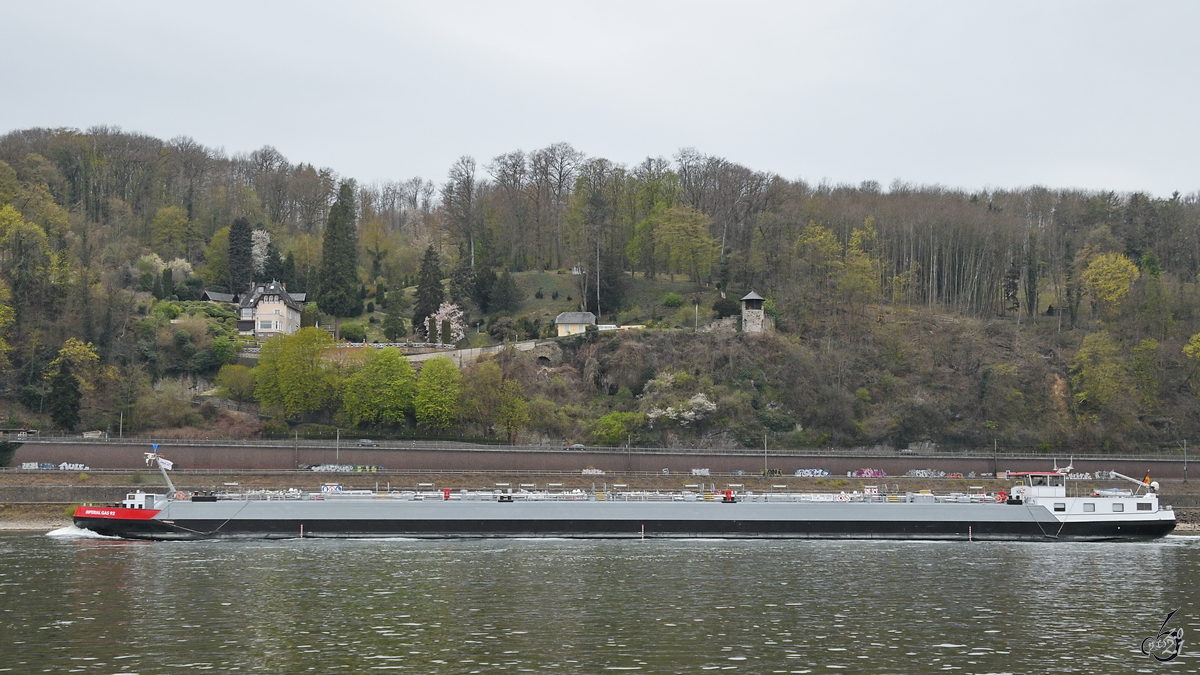 Das Gastankmotorschiff IMPERIAL GAS 92 (ENI: 04812890) ist auf dem Rhein unterwegs. (Unkel, April 2021)