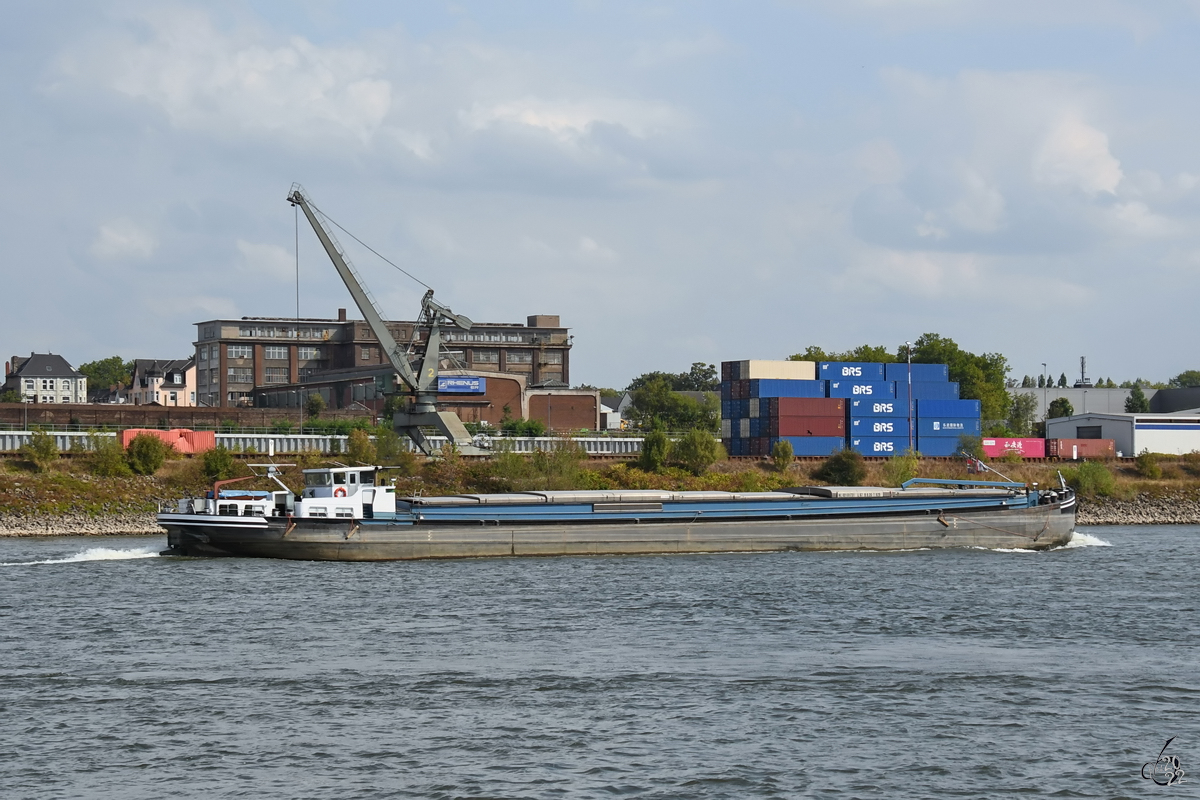 Das Gütermotorschiff CARESSA (ENI: 02101731) befährt den Rhein bei Duisburg. (August 2022)