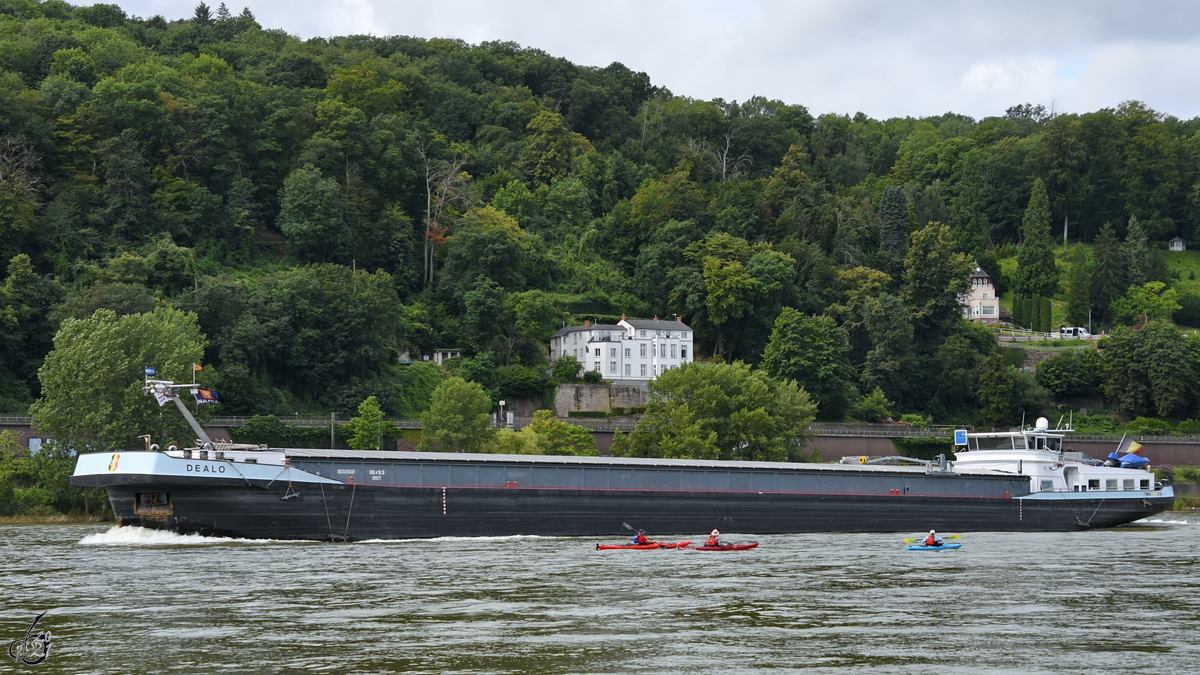 Das Gütermotorschiff DEALO (ENI: 02326158) war Anfang August 2021 auf dem Rhein bei Remagen zu sehen.