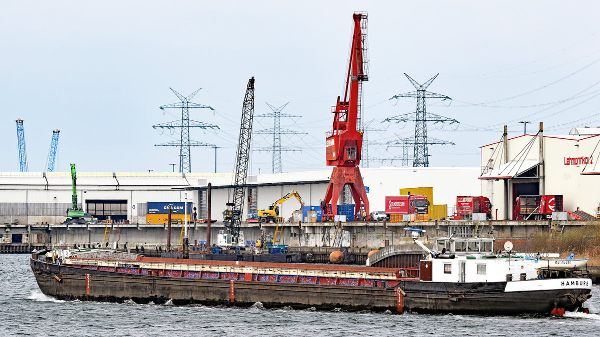 Das Gütermotorschiff (GMS) STECKNITZ (ENI 04014480) in Höhe Lehmannkai 2. Lübeck, 9.4.2021