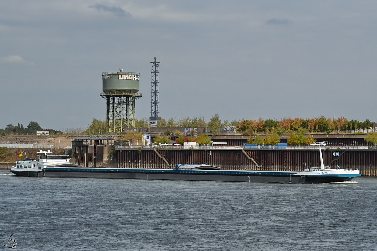 Das Gütermotorschiff ICARIA (ENI: 02328050) fährt den Rhein hinauf. (Duisburg, August 2022)