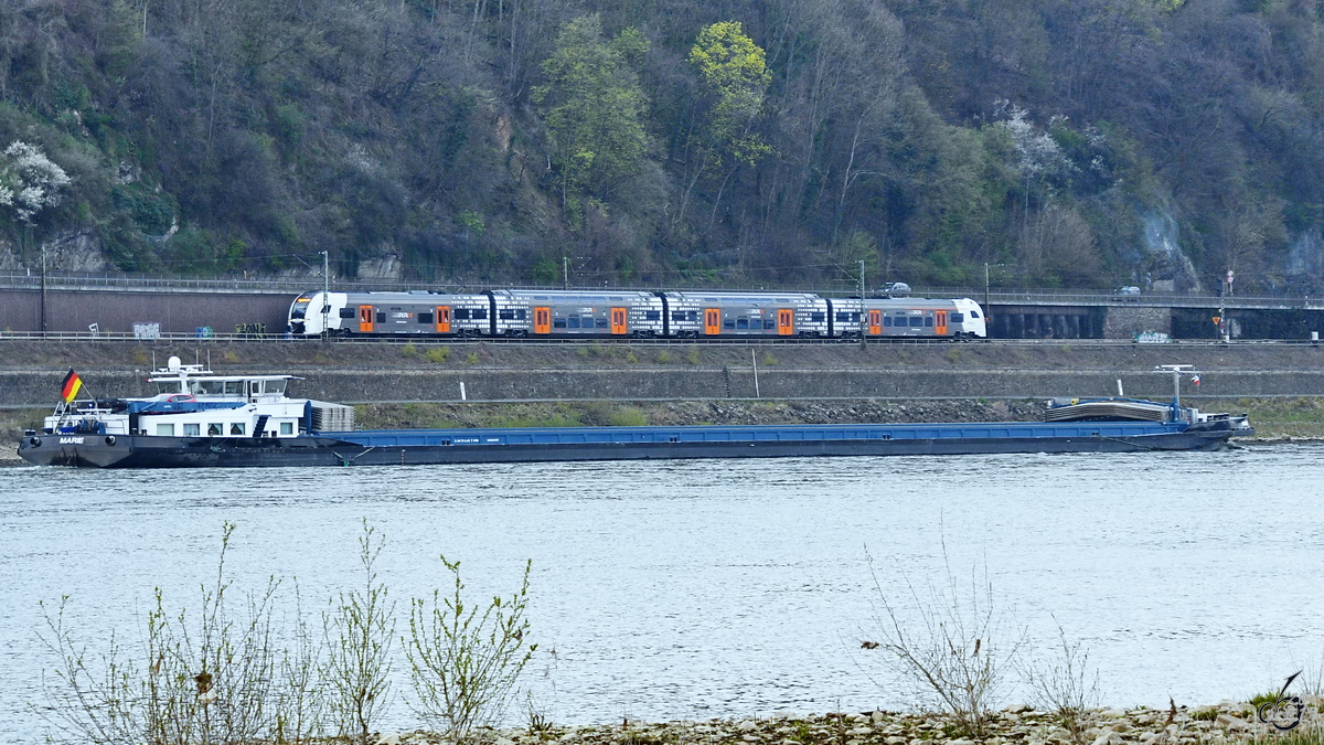 Das Gütermotorschiff MARIE (ENI: 02324012) war Anfang April 2021 auf dem Rhein bei Unkel zu sehen.