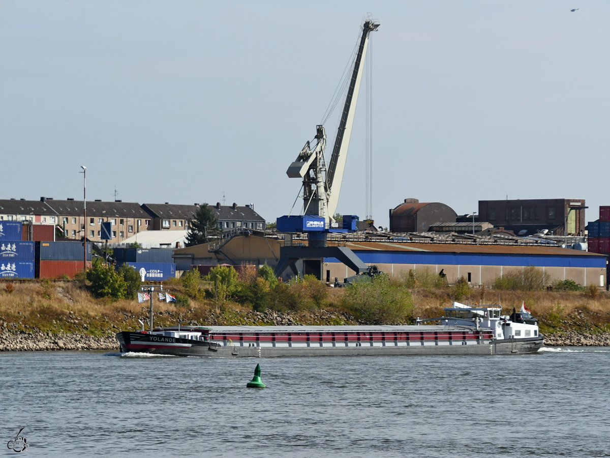 Das Gütermotorschiff YOLANDE (ENI: 02318975) befährt den Rhein, so gesehen Ende August 2022 in Duisburg.