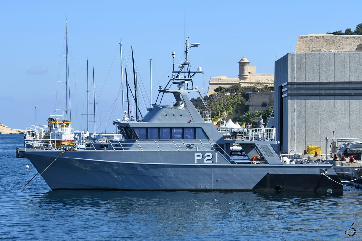Das Hafenpatrouillenboot P21 der Maltesischen Marine. (Valletta, Oktober 2017)