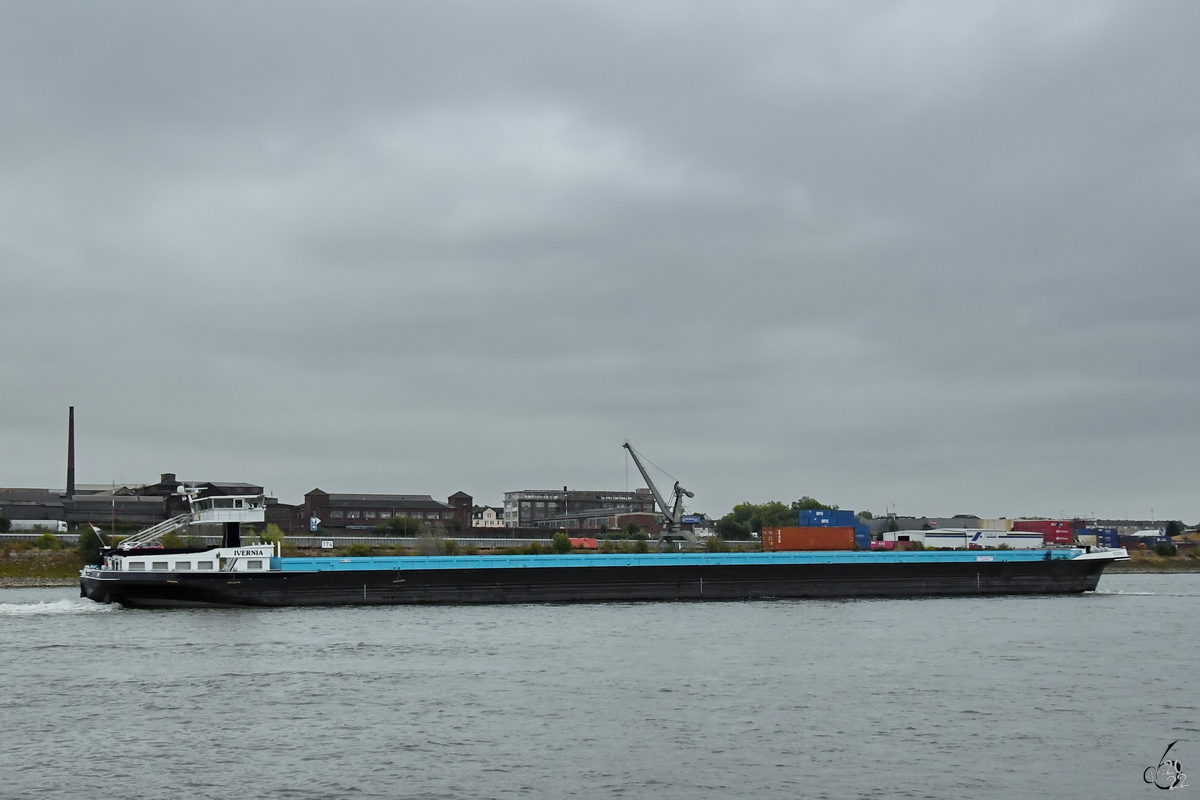 Das mit wenigen Containern beladene Gütermotorschiff IVERNA (ENI: 02331998) auf dem Rhein, so gesehen Ende August 2022 in Duisburg.