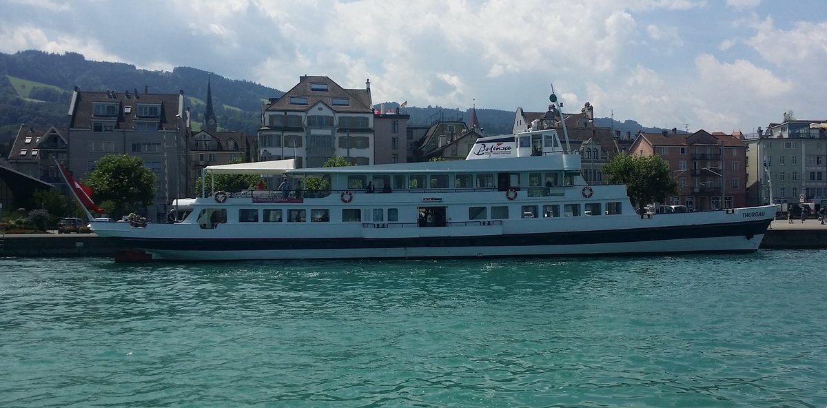 Das Motorschiff Thurgau der SBS Schifffahrt AG im Hafen von Rorschach am 16. Juli 2018.
