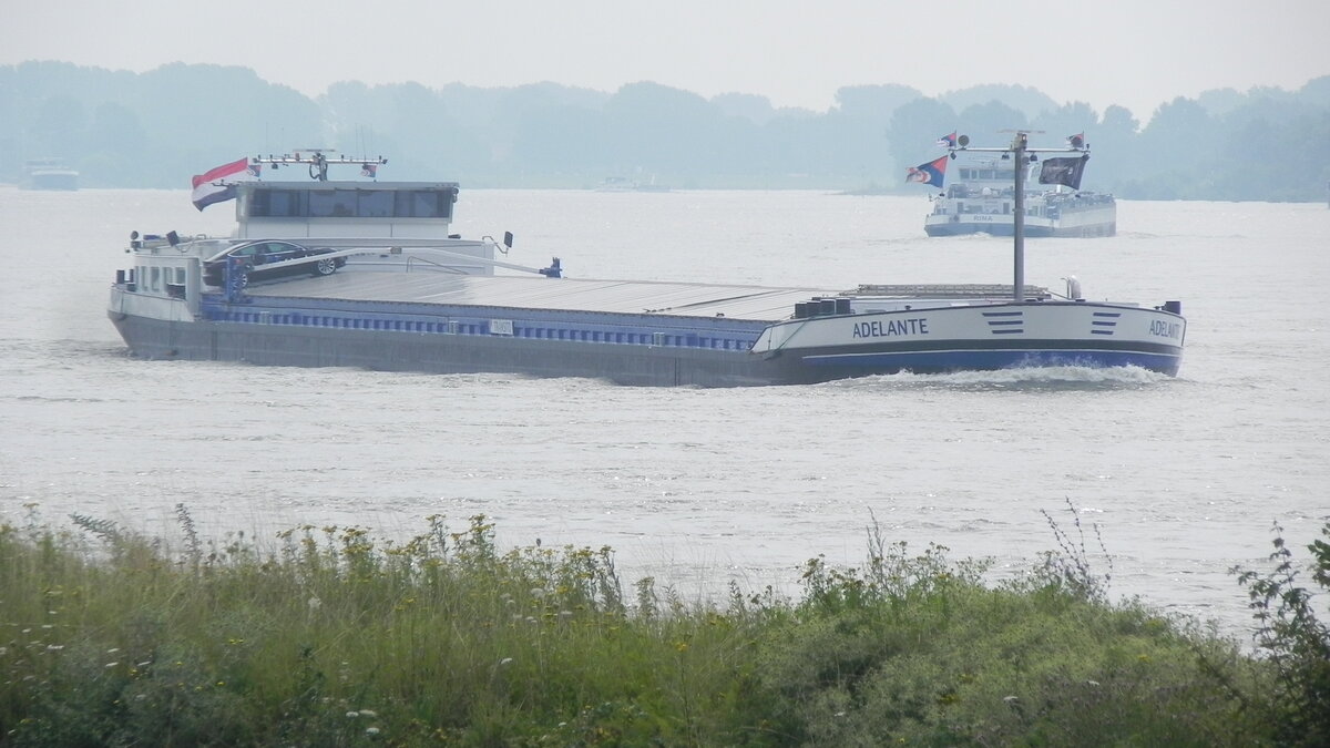 Das niederländische Frachtschiff  ADELANTE , Eni: 02327459, am 27.07.2021 auf dem 
Rhein bei Emmerich.