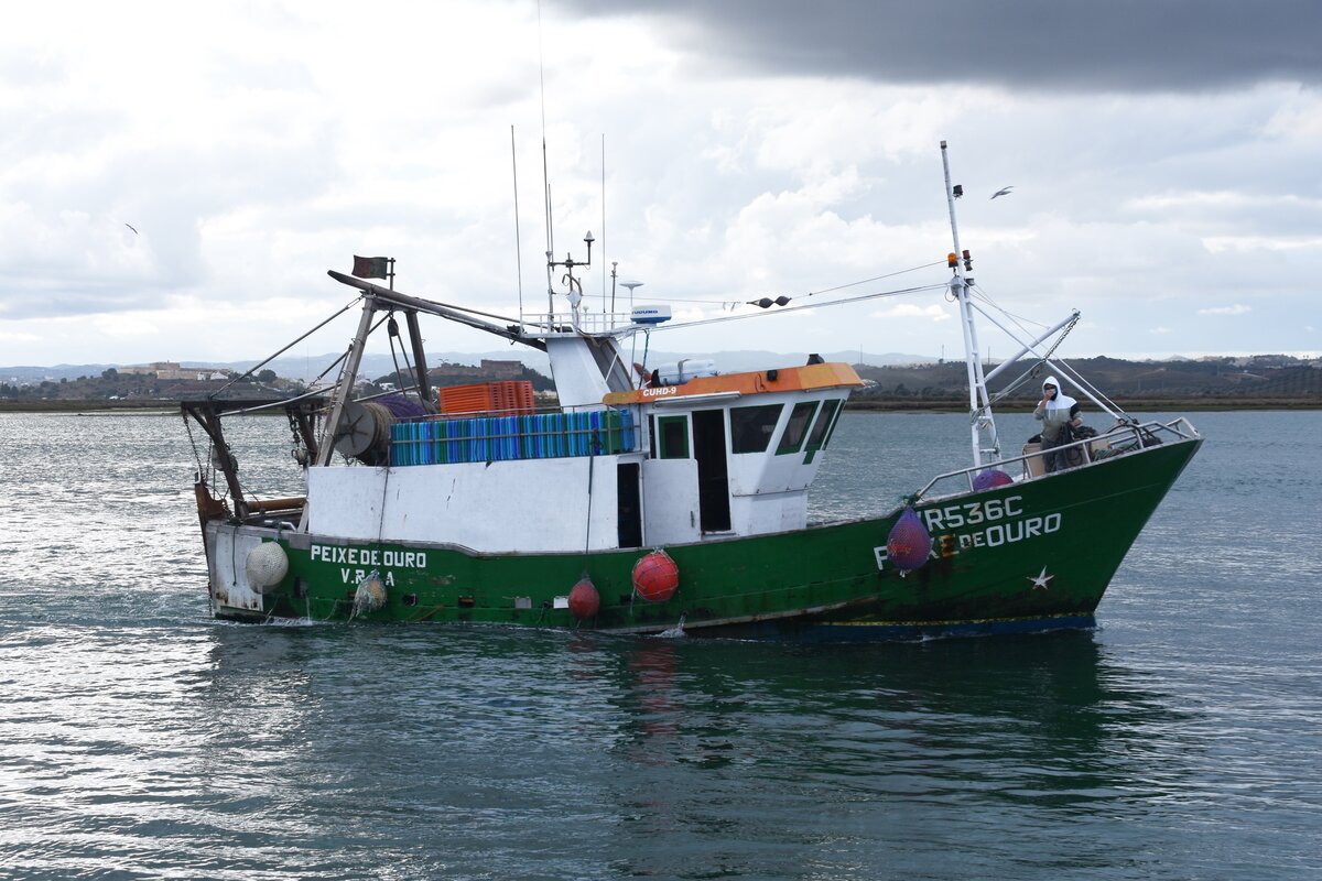 das portugiesische Schiff PEIXE DE OURO fährt in den Hafen ein (Ayamonte/Spanien, 14.03.2022)