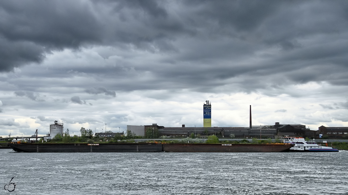 Das Schubboot DAAN (ENI: 04028330) schiebt sechs Leichter, so gesehen Anfang Mai 2021 auf dem Rhein bei ​Duisburg.