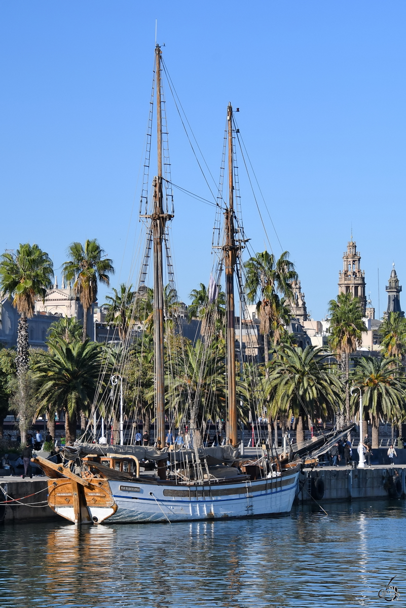 Das Segelschiff FAR BARCELONA (MMSI: 224191570) ist hier im Stadthafen von Barcelona zu sehen. (November 2022)