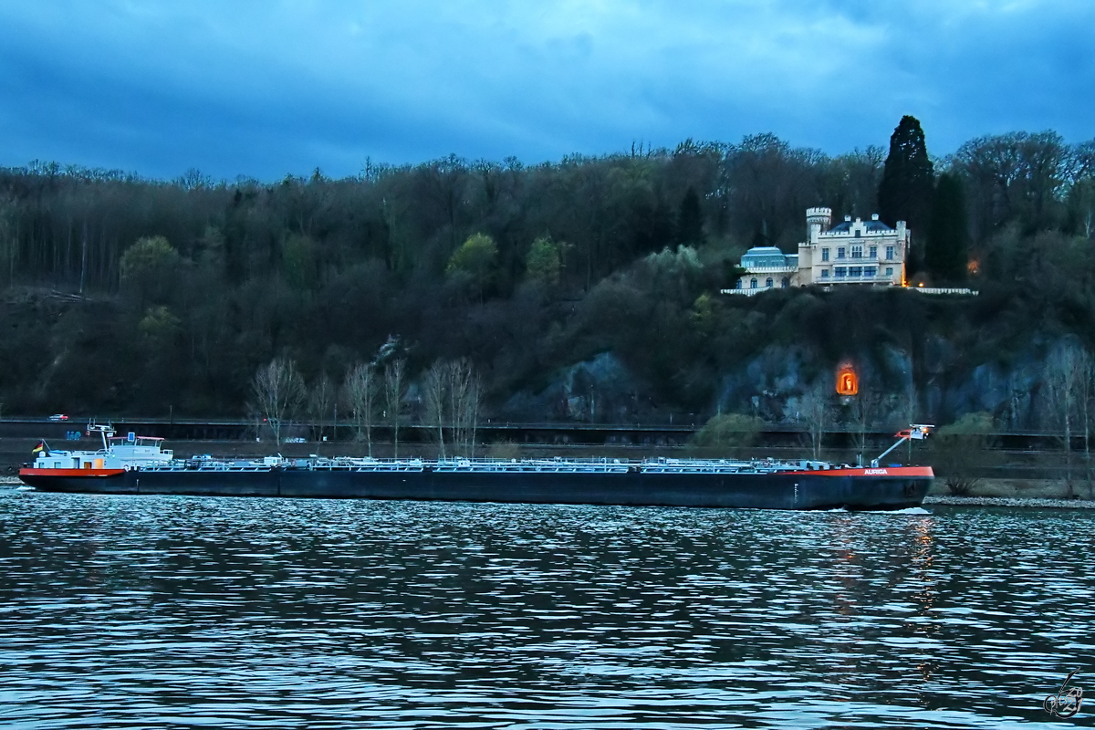 Das Tankmotorschiff AURIGA (ENI: 04607590) war Anfang April 2021 auf dem Rhein bei Unkel zu sehen.