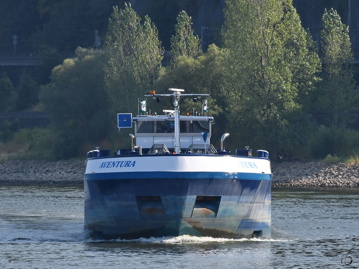 Das Tankmotorschiff  Aventura  (02333406) Mitte August 2018 auf dem Rhein zwischen Remagen und Unkel.