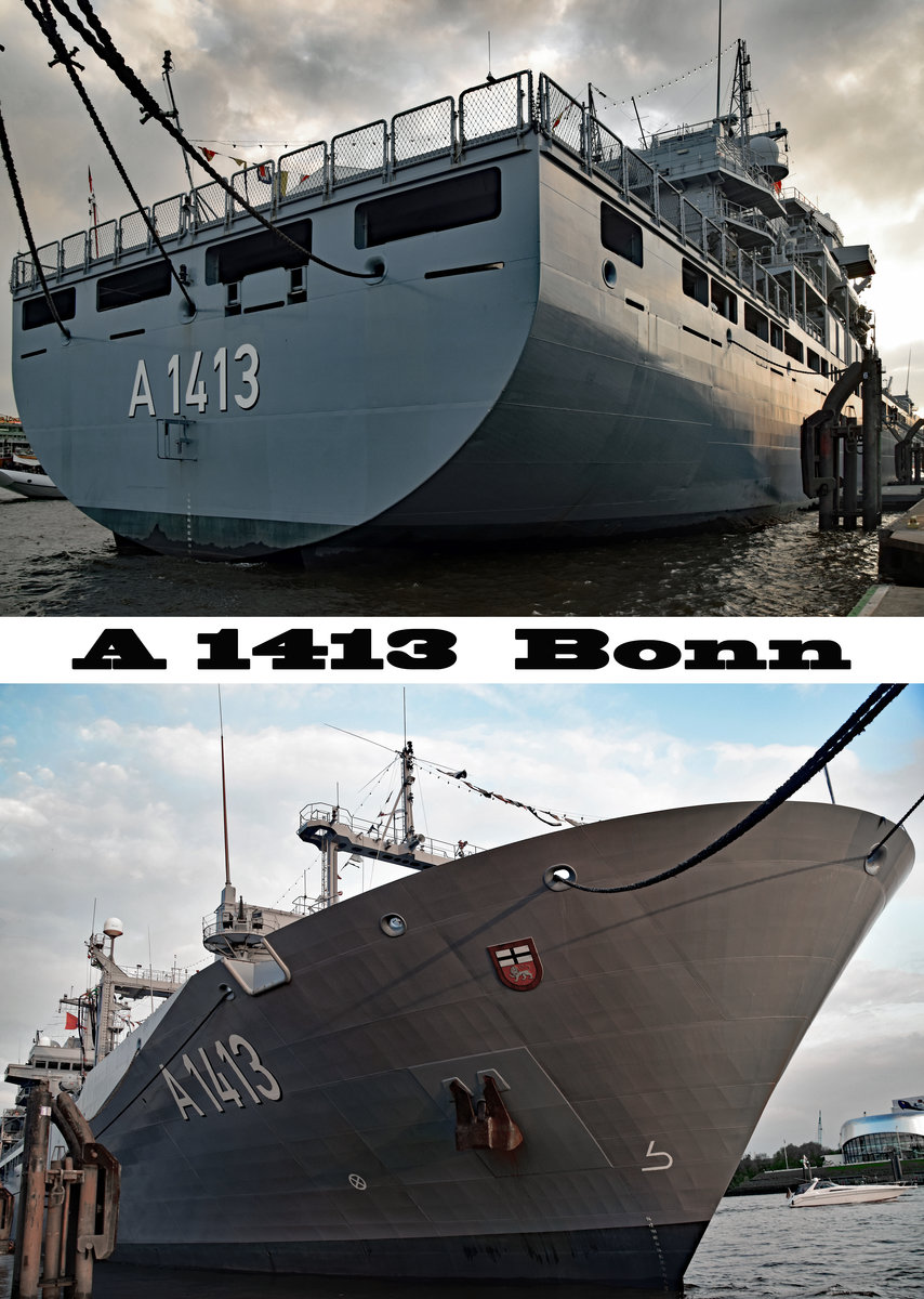 Das Versorgungsschiff A 1413 BONN ist das größte Schiff der deutschen Marine vom Typ EGV 702, auch  Berlin-Klasse  genannt. A 1413 ist die dritte gebaute Einheit dieser Klasse.
Hamburg, 06.05.2017