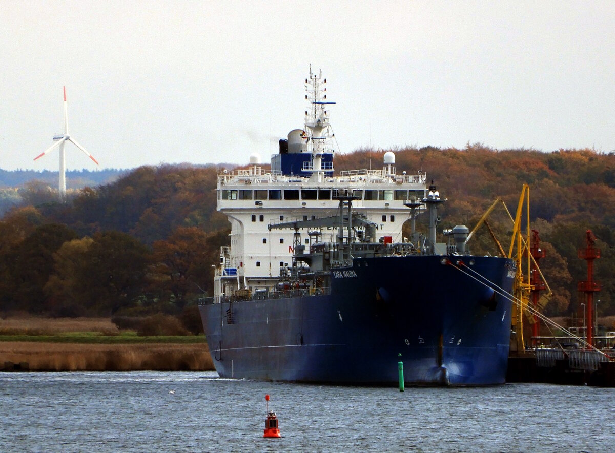 Der 160m lange LPG Tanker YARA NAUMA am 08.11.23 in Rostock