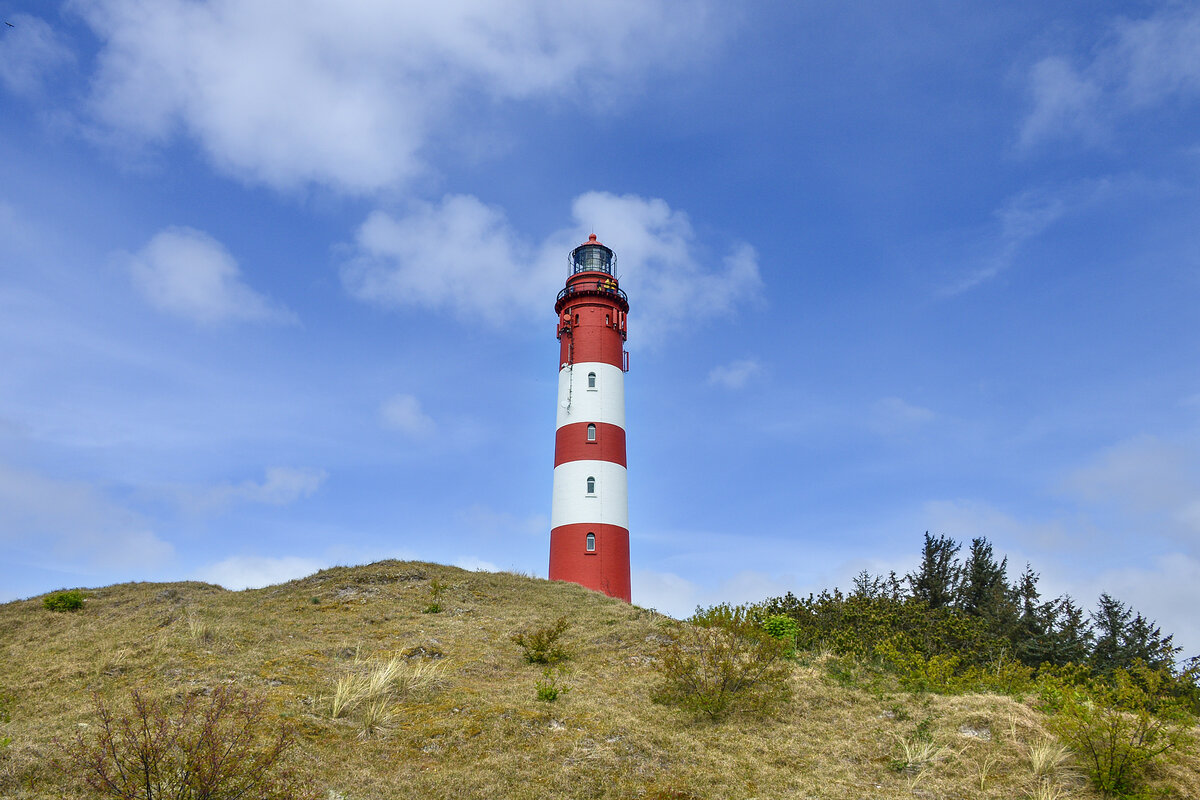 Der Amrumer Leuchtturm wurde im Jahre 1875 eröffnet und ist der höchste begehbare Turm an der Nordseeküste. Er erstreckt sich auf einer Höhe von 41.8 Meter. Vom Fuß der Düne bis zum Balkon führen 297 Stufen, 172 davon im Turm. Der Leuchtturm kann in den Sommermonaten vormittags bestiegen werden. Von der Aussichtsplattform hat man einen Blick auf Amrum, die Nachbarinseln Sylt und Föhr sowie das Weltnaturerbe Wattenmeer. Aufnahme: 6. Mai 2025.