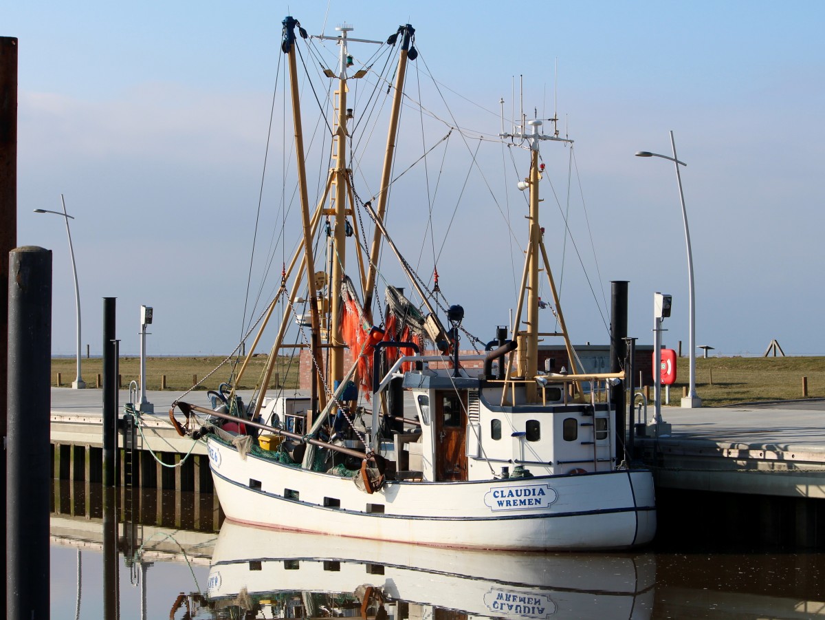 Der Krabbenkutter Claudia am 13.02.2013 im Hafen von Wremen.