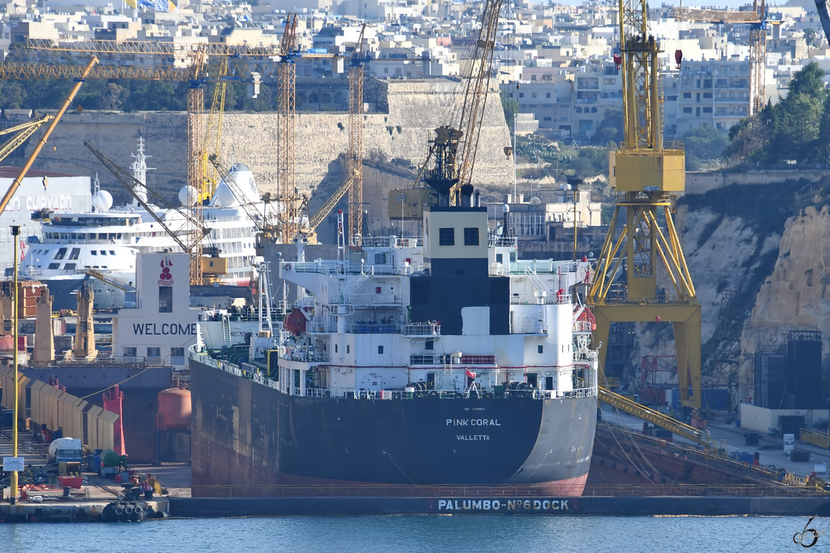 Der Öl-/Chemikalientanker  Pink Coral  im Trockendock. (Valletta, Oktober 2017)