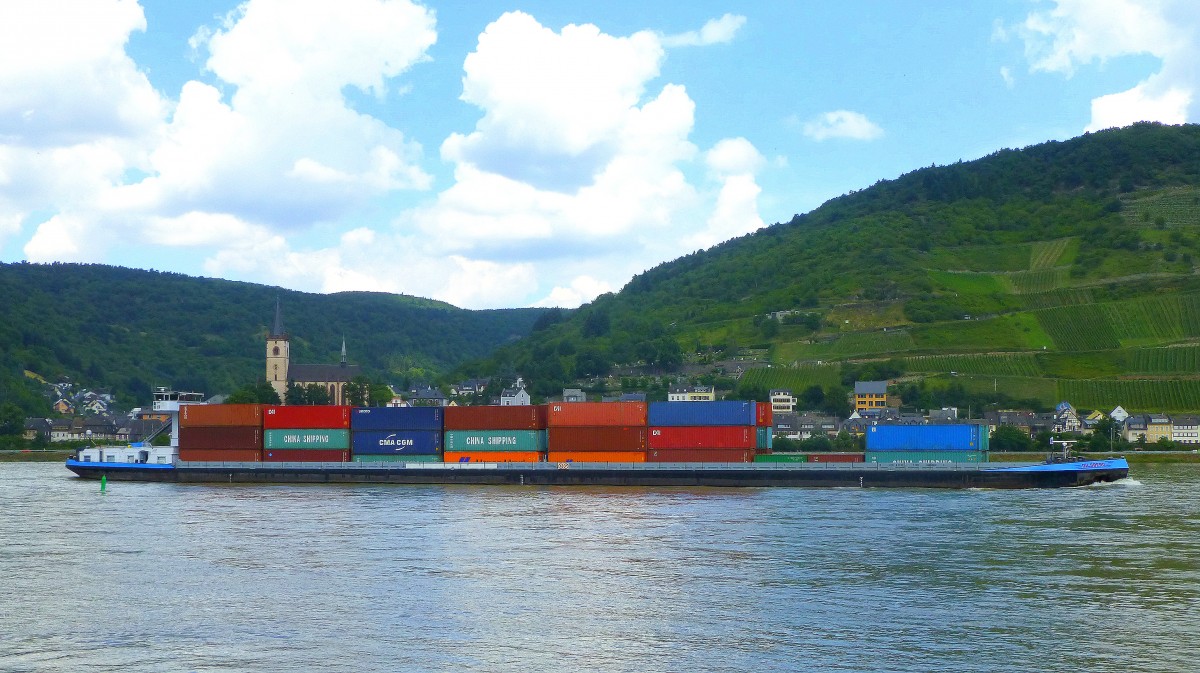 Deutschland, Hessen, Containerschiff DILSBERG bei Lorch am Rhein. Vom linken Rheinufer aus fotografiert am 16.07.2014.