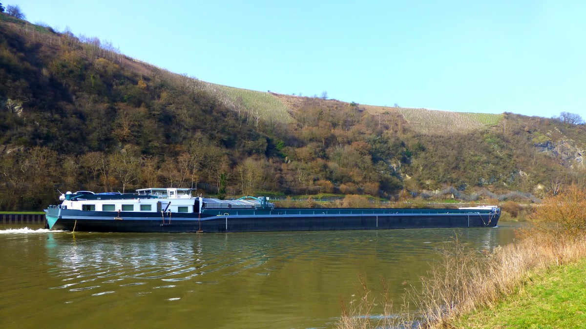 Deutschland, Rheinland-Pfalz, Gütermotorschiff  LIANNE  nördlich von Saarburg auf der Saar. 08.03.2014