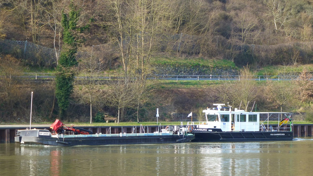 Deutschland, Rheinland-Pfalz, Schubschiff  Saarburg  des WSA Saarbrücken nördlich von Saarburg auf der Saar. 08.03.2014