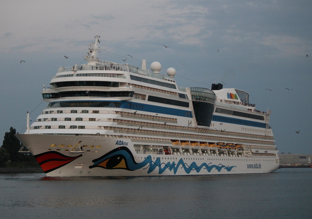 Die AIDAmar auf ihrem Seeweg von Rostock-Überseehafen nach Skagen beim Auslaufen in Warnemünde mit tierischer Begleitung gegen 20:45 Uhr.14.08.2020