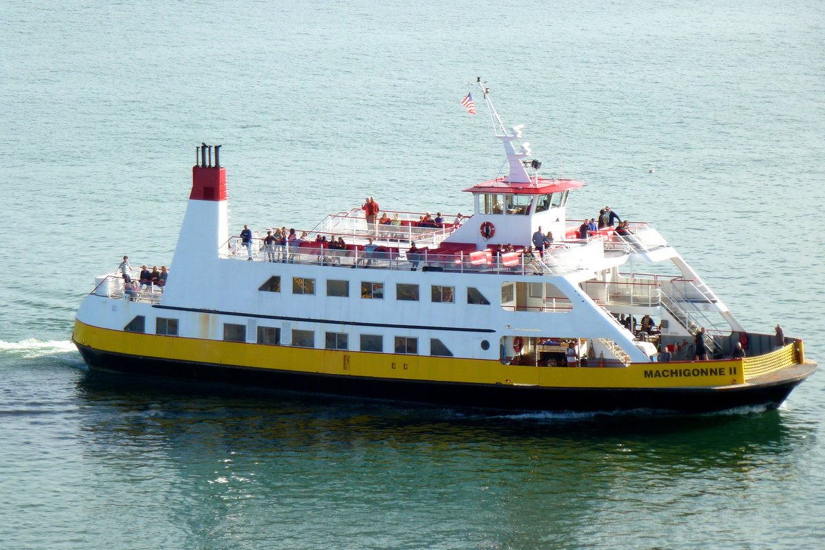 Die dieselmotorgetriebene Personenfähre 'Machigonne II' von Casco Bay Lines verbindet Portland/Maine mit den davor liegenden Inseln in der Casco-Bay. Aufnahmedatum: 28.09.2018.