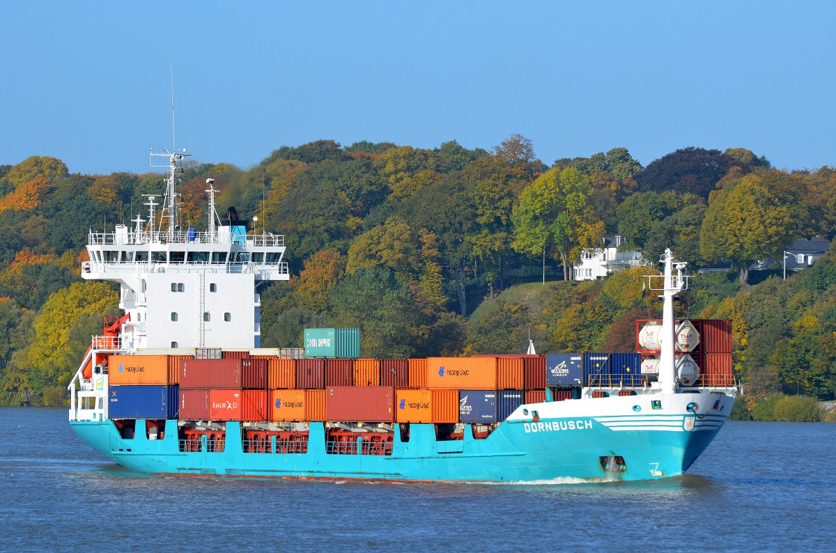 Die Dornbusch IMO-Nummer:9126211 Länge:101.0m Breite:18.0m Baujahr:1996 Bauwerft:Sietas,Hamburg Deutschland einlaufend nach Hamburg passiert den Rüschpark in Finkenwerder am 23.10.15