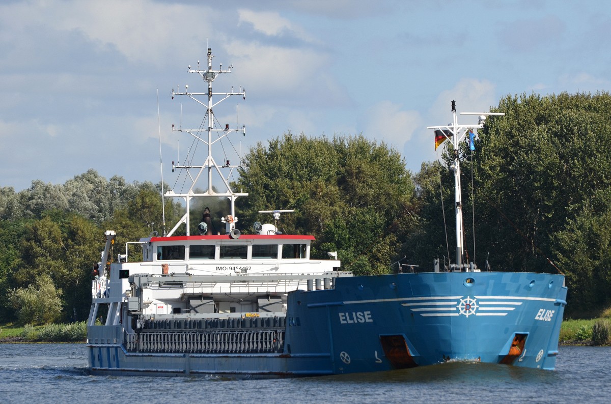 Die Elise IMO-Nummer:9454462 Flagge:Antigua und Barbuda Länge:80.0m Breite:12.0m Baujahr:2007 im Nord-Ostsee-Kanal am 24.08.14 in Richtung Brunsbüttel fahrend aufgenommen bei Rendsburg.