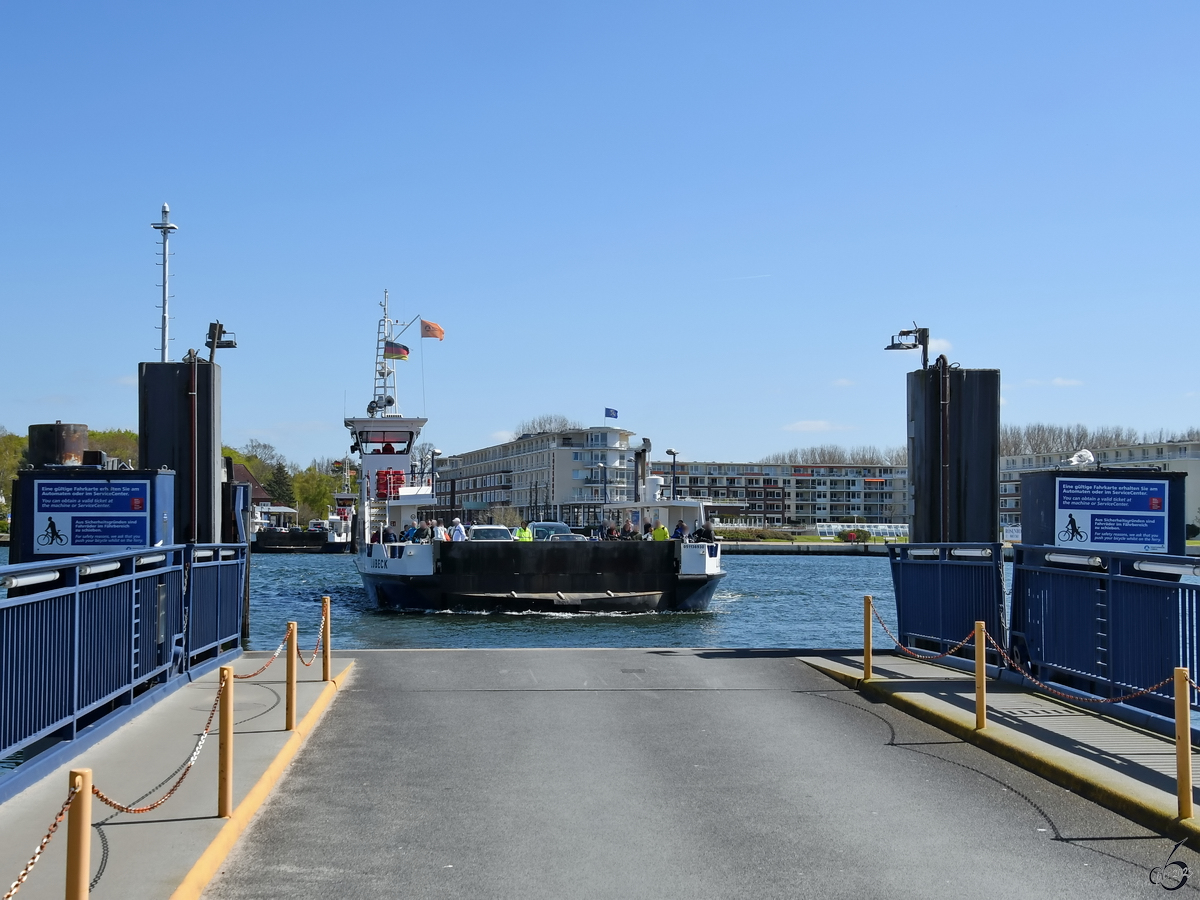 Die Fähre TRAVEMÜNDE (ENI: 05116930) ist hier im Mai 2023 kurz vor der Ankunft in Travemünde zu sehen.