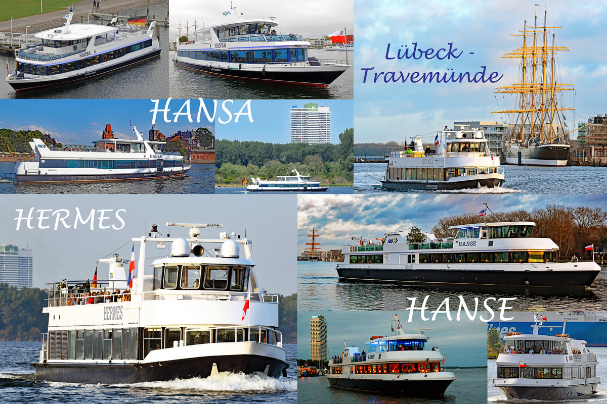 Die Fahrgastschiffe HANSA (ENI 4802860), HANSE (ENI 05117350) und HERMES (ENI 04033100) in Lübeck bzw. Lübeck-Travemünde. Verschiedene Aufnahmedaten.