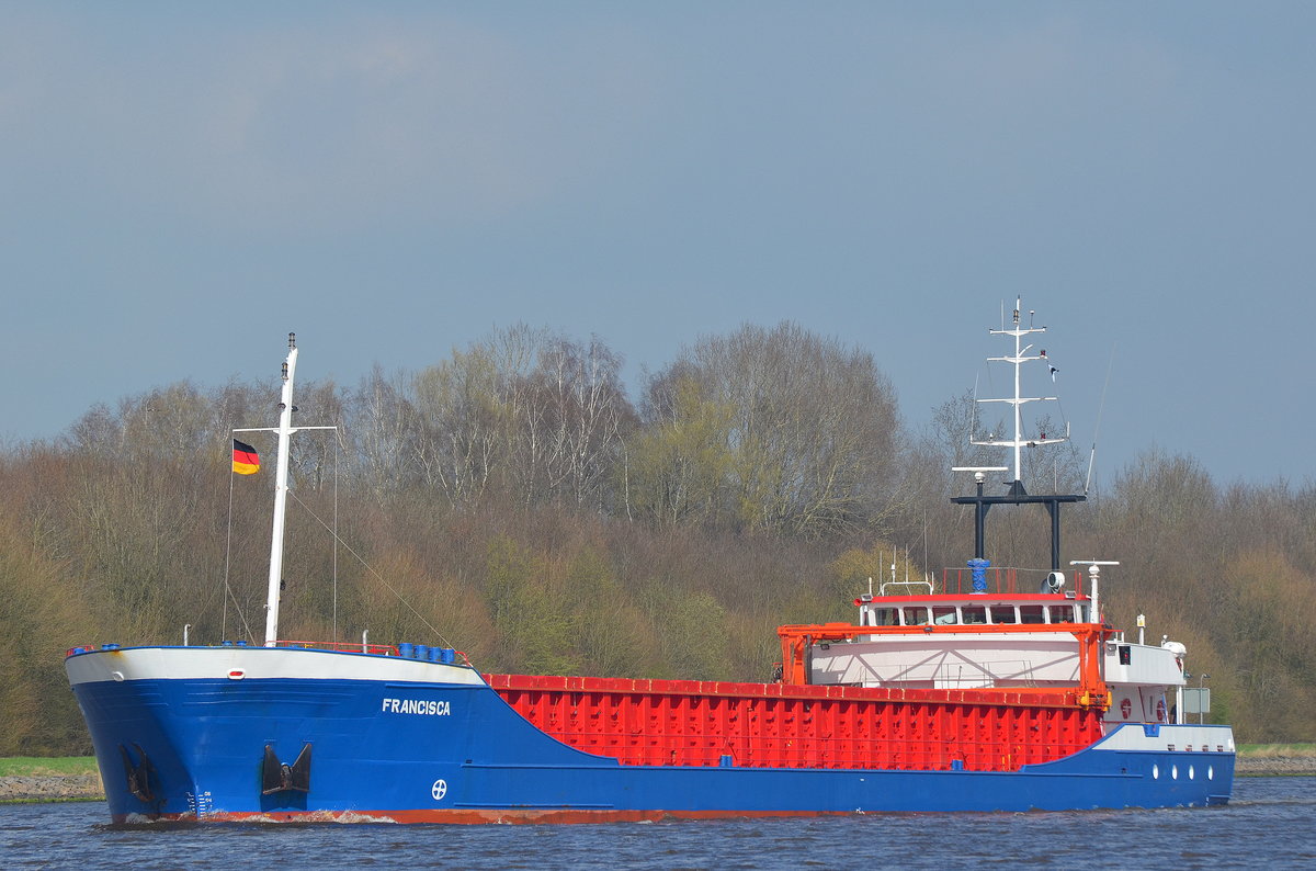 Die Francisca IMO-Nummer:9148166 Flagge:Antigua und Barbuda Länge:89.0m Breite:12.0m Baujahr:1997 am 02.04.17 im Nord-Ostsee-Kanal bei Fischerhütte aufgenommen.