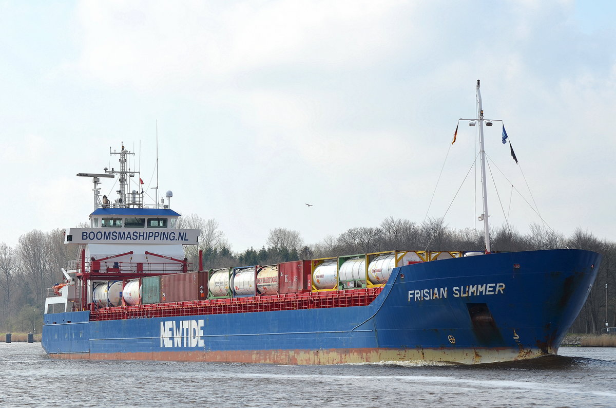 Die Frisian Summer IMO-Nummer:9367762 Flagge:Niederlande Länge:118.0m Breite:14.0m Baujahr:2008 aufgenommen am 02.04.17 im Nord-Ostsee-Kanal bei Fischerhütte.