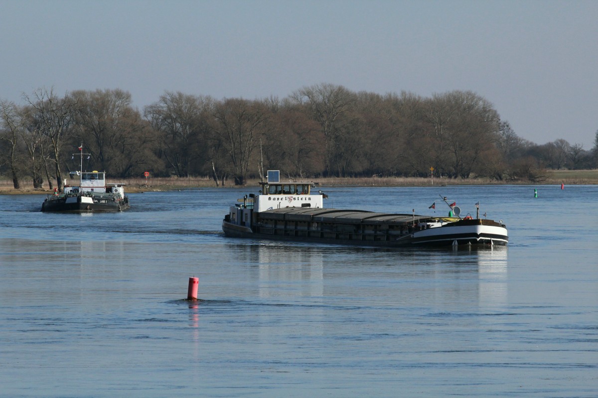 Die GMS Havelstern (04013290 - im Vordergrund) und Labe 3 (09551066) am 17.03.2016 auf der Elbe bei Gnevsdorf zu Tal.  