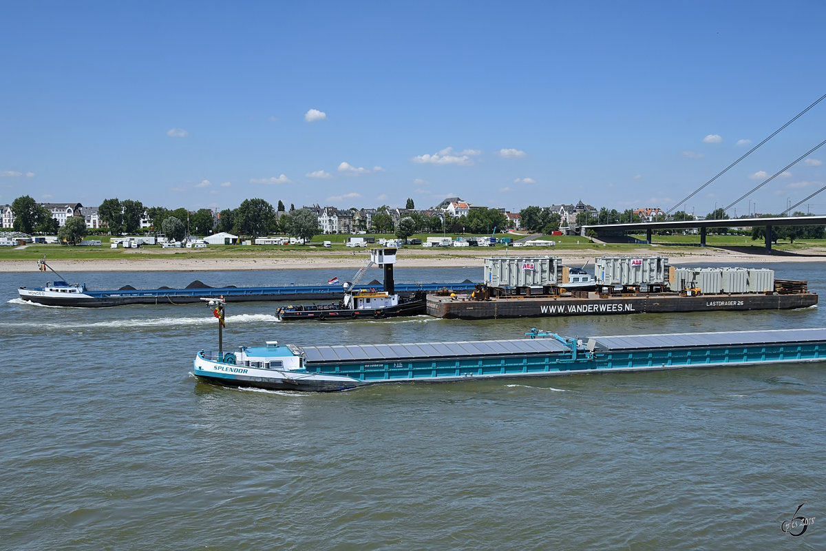Die Gütermotorschiffe  Splendor  (02328238) und  Mondeo  (02328092) kreuzen auf dem Rhein das Schubboot  Geertruida van der Wees  (02315599) mit dem Ponton  Lastdrager 26 . (Düsseldorf, Juni 2018)
