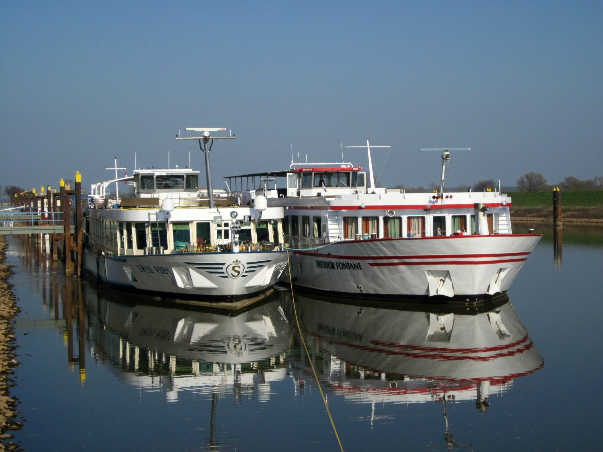 Die KFGS Theodor Fontane (05113670) und Swiss Ruby (07001742) am 13.03.2014 im Hafen voon Tangermünde an der Elbe.