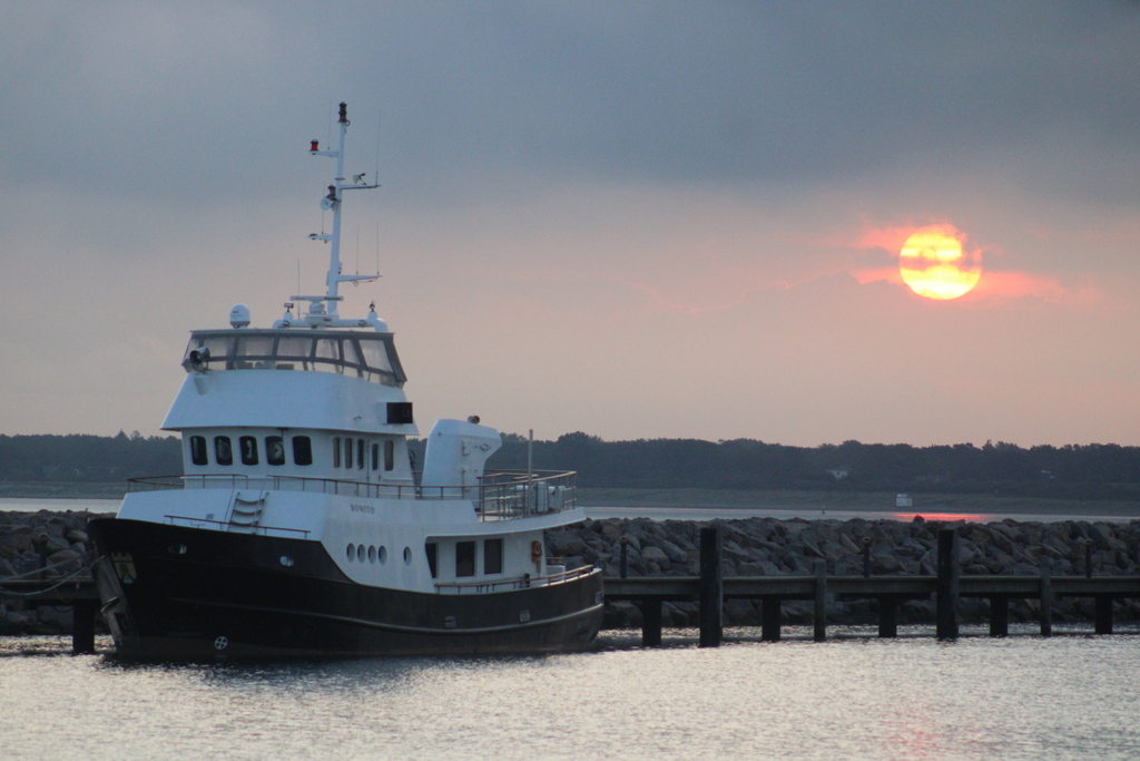 Die kleine 26 m lange BONITO lag am Morgen des 24.08.2023 im Yachthafen Hohe Düne. 