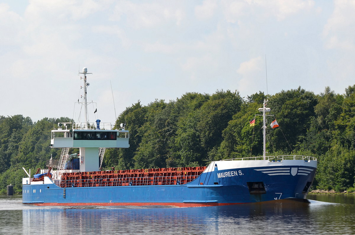 Die Maureen S. IMO-Nummer:8509820 Flagge:Zypern Länge:88.0m Breite:12.0m Baujahr:1985 Bauwerft:Sietas,Hamburg Deutschland aufgenommen am 24.07.16 bei Fischerhütte im Nord-Ostsee-Kanal.