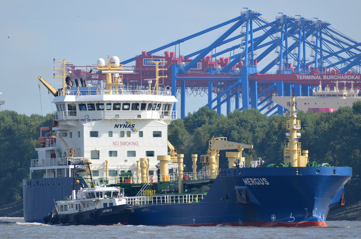 Die Mergus IMO-Nummer:9503914 Flagge:Zypern Länge:99.0m Breite:16.0m Baujahr:2012 Bauwerft:Wuhan Nanhua Huanggang Jiangbei Shipyard,Hubei China auslaufend aus Hamburg aufgenommen vom Fähranleger Teufelsbrück am 21.08.19